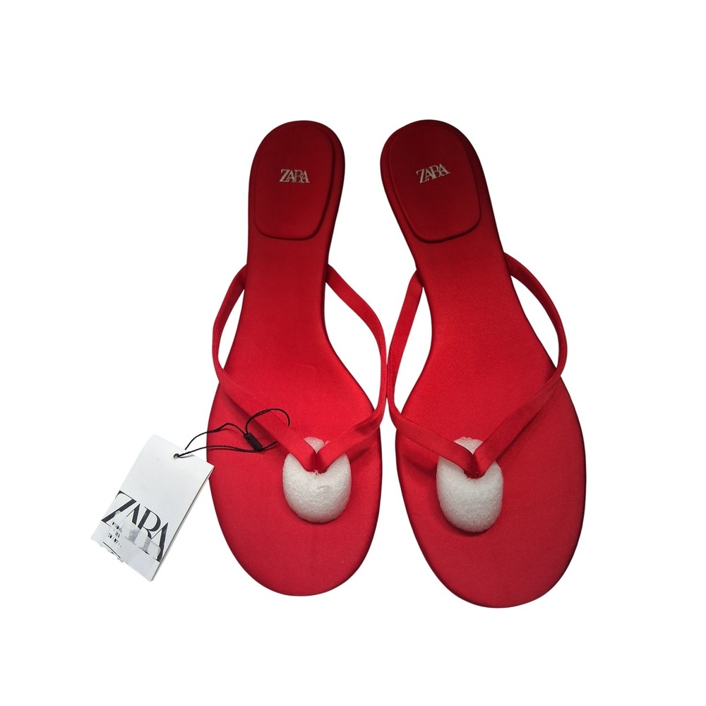Zara Red Satin Kitten Heel Thong Sandals Heeled Flip Flops NWT